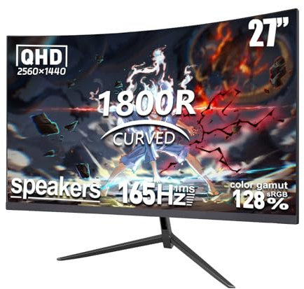 ReHisk Monitor de juego curvado de 27 pulgadas – QHD 1440P 165Hz Actualización Compueter Monitor, respuesta de 1 ms, montaje DP HDMI VESA 120% sRGB HDR Cuidado de los ojos, bisel delgado, soporte