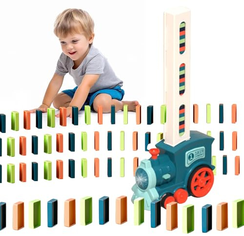 KBIBCK Domino Zug Spielzeug Set, Domino Zug Set mit 200 Stück Domino Bausteine, Automatischer Domino Zug mit Licht & Ton,Dominoes Automatic Pädagogisches Spielzeug für Mädchen Jungen ab 14+ Jahren