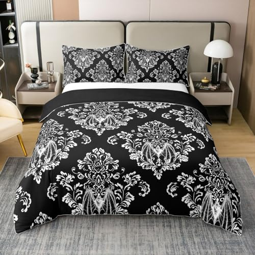 Juego de ropa de cama de algodón 100 % natural (sin relleno), tamaño individual, damasco, retro, floral, con 1 funda de almohada, estilo gótico, Halloween, victoriano, barroco, juego de 2 piezas