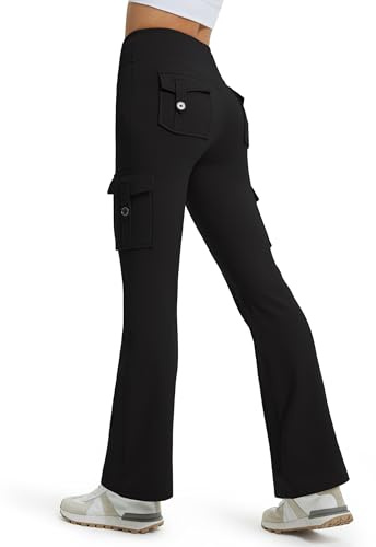 Libin Damen Thermo Flared Leggings 29 Wasserabweisend Winter gefütterte Thermohose Wanderhose Sporthose Schlaghose Yogahose Cargohose Bootcut Hose mit Taschen, Schwarz S