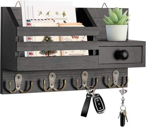 Irayin Key and Mail Holder for Wall, Mail Organizer Wall Mount with 8 Hooks and Storage Drawer, Easy Installation Key Rack for Entryway and Home Decor, Black