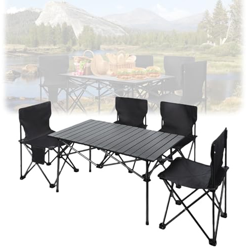 4-teiliges Klapptisch- und Stühle-Set, robustes Campingtisch-Set, tragbare Picknicktische, aufrollbare Tische mit 4 Stühlen, wasserdicht, schmutzabweisend, tragbare Outdoor-Möbel für Terrasse, Garten