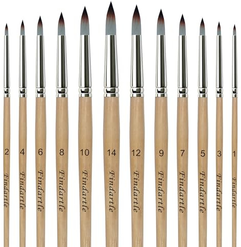 Findartle Pinceles Redondo Acuarela, 12 Pinceles Redondo con Punta Afilada para Acuarela, acrílico, óleo, Gouache, Pincel artístico para Detalle, témpera, decoración,Pintura Facial (Madera Natural)