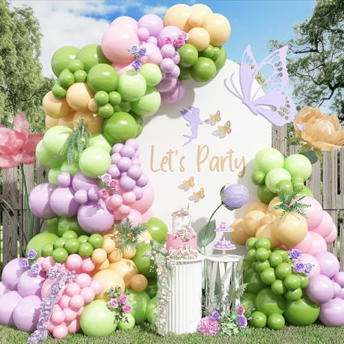 Kit de arco de globos de hada, 147 piezas de globos de primavera, rosa pastel, morado, oliva, verde lima, naranja, nude, guirnalda de flores silvestres, prados, decoraciones florales de fiesta de