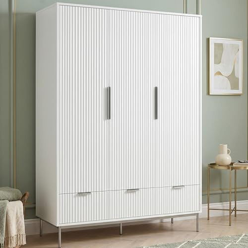 Blisswood Fluted 3 Door Wardrobe with Drawers – Modern Painted Bedroom Wardrobe with Hanging Rail & Shelves, Freestanding Storage Cupboard with Metal Handles & Raised Legs, 138.5 x 55 x 180 cm White