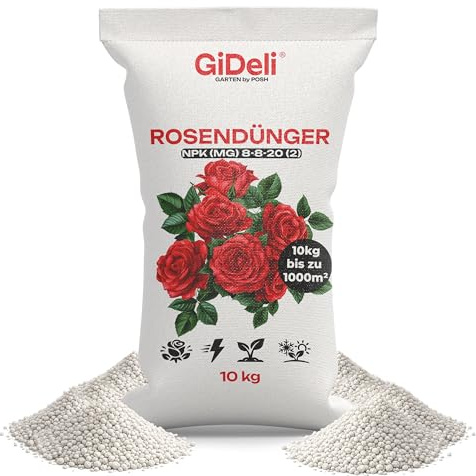 GiDeli Rosendünger 10 kg - Pflanzendünger für Eine Lange und Üppige Blüte - Blumendünger die Farbe von Blättern und Blüten Positiv Beeinflussen - Dünger Steigerung der Immunität