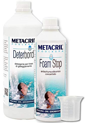 Metacril Foam Stop 500 ML + Deterbord 1 LT + Bicchierino Dosatore Graduato, Antischiuma e Detergente per Linea di Galleggiamento, Ideale per Piscina o Spa Idromassaggio
