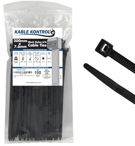 Kable Kontrol Black Cable Ties, 200 mm x 7.6 mm, Pack of 100, 8 Premium Nylon Zip Ties, Multi-Purpose Plastic Tie Wraps, Secure Self-Locking Mechanism, for Home, Garden, Office and DIY