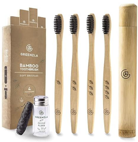 Greenzla Spazzolini Bamboo (Set da 4) con custodia da viaggio e filo interdentale in carbone | Setole morbide senza BPA | Set di spazzolini da denti in bambù naturale ecologico | Biodegradabili