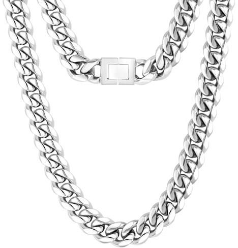 KRKC&CO 12mm Panzerkette Weißgold beschichtet Cuban Link Chain Edelstahl Panzerkette Herren Silber Miami kubanische Gliederkette Herren Silber Kette Hip Hop Halskette für Männer Jungen Größe 56cm
