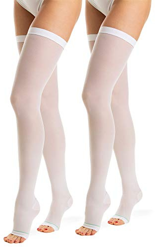 Relaxsan Antitrombosis M0370A (2 Pares - Blanco, L) medias largas con blonda punta abierta antiembólicas para reposo K1 compresión graduada 18-23 mmHg