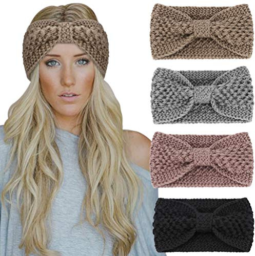 DRESHOW Stirnband Damen Winter 4 Stück Strick Ohrenwärmer Damen Verdicken Stirnbänder Mädchen Warm Gestrickte Haarband Headwrap Kopfband Warme Wintergeschenke
