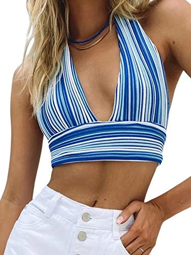 Women Backless Halter Tops Deep V Neck Tie Back Crop Cami Sexy Bandage Hollow Out Y2K Vest Shirt (Blue, X-Large)