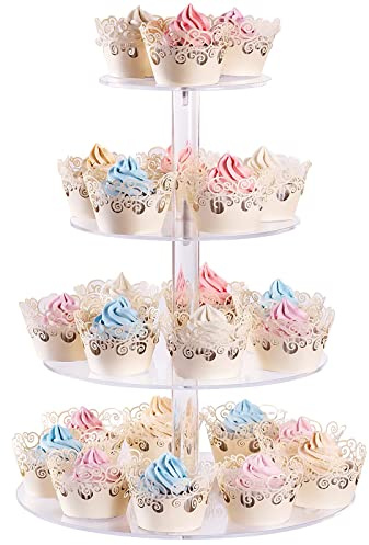 AMEITECH Alzata per cupcake, espositore per cupcake rotondo in acrilico a 4 livelli Alzata per pasticceria a torre per dolci per feste a tema di compleanno di matrimoni - 38,8 cm (trasparente)