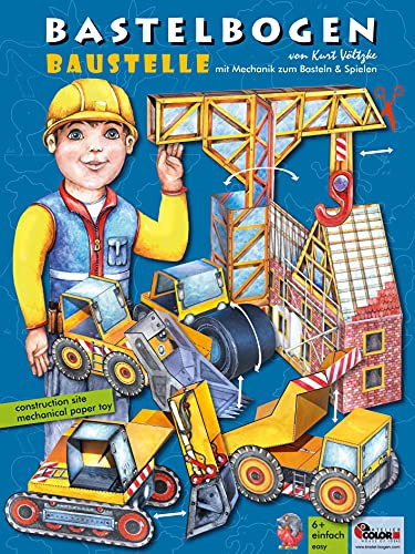 ATELIER COLOR Construction Site Craft Sheet with Paper Mechanics Playable Excavator Crane Wheel Loader Dump Truck Roller for Crafts from 6+ Years