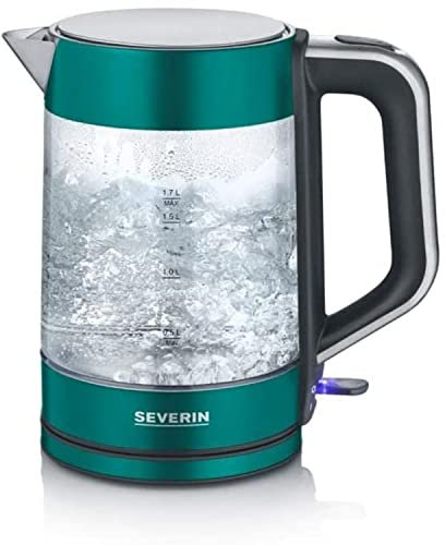 SEVERIN Wasserkocher, Glas, 1.7 Liter, 2200 Watt, Überhitzungsschutz, Wasserstandsanzeige, Abnehmbarer Filter, Klappdeckel, Drehbare Basis, Kabellos, Anti-Kalk-Mesh-Filter, Matt-Grün, WK 9268