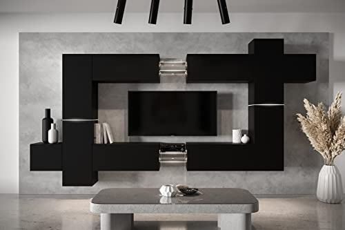 Furnitech Wohnwand Modern - Hängend Wohnwand mit Regale und TV Schrank - Schrankwand ohne LED (AN91NEW-21B-M3)
