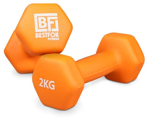 Bestfor Pair of 2kg Hex Anti Roll Non Slip Neoprene Dumbbell Weights For Exercise, Fitness, Workouts, Lifting with Exercise Chart