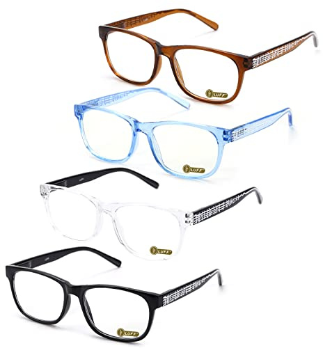 LUFF Lunette de lecture anti lumiere bleue - Femmes Hommes Lunettes de jeu pour ordinateur Optique lunette loupe de mode ultralégère de Motif Charnière à ressort 4 PACK,(+2.50,Multicolore)