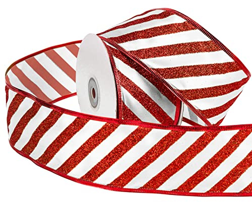 Ruspepa trådbundet julhögtid band – rött och vitt randigt band – 63 mm x 22 m varje rulle – röd trådbunden kant