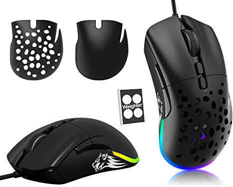 ZIYOU LANG D19 Mice G-PRO - Mouse da gioco cablato, fino a 12.000 Dpi, modello O Rgb mouse da gioco, 7 pulsanti programmabili, guscio a nido d'ape ottico super leggero RGB gamer mouse - nero