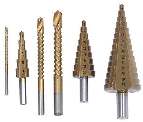 Stufenbohrer, 6-teilig, Stufenbohrer-Set mit gerader Nut, Rundschaft, Titan, HSS-Sägebohrer zum Reiben von Metall
