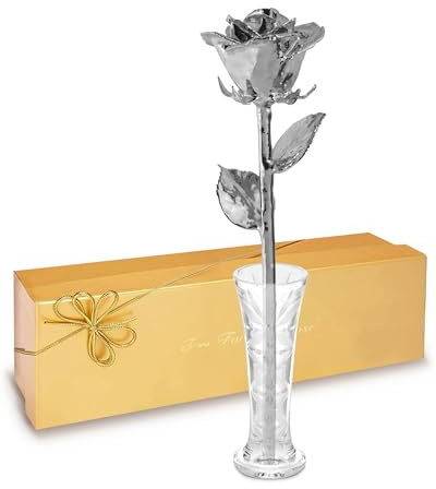 Forever Rose Echte Rose getaucht in Platin, handgefertigte konservierte Rose in klarer Glasvase und luxuriöser Goldener Geschenkbox, Romantisches Geschenk für sie, Elegantes Andenken für Jahrestag