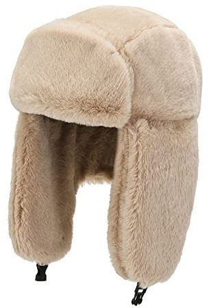 DEPAJA Russische Mütze Winter-Skimütze Warme Ohrenschützer Verdicken Plüschmütze Mit Ohrenklappen Für Männer Und Frauen Faux Fur Windproof Cap Russian Bomber Hat,Beige,52-58Cm
