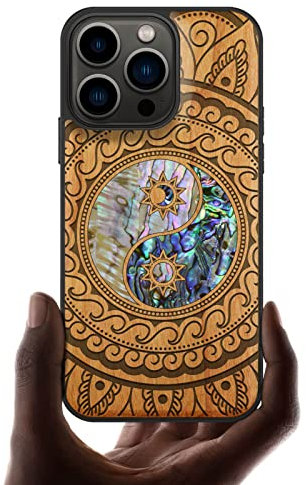Carveit Coque magnétique pour iPhone 13 Pro Étui de Protection TPU Coque [Gravure en Bois et Incrustation de Coquille] Compatible avec 13 Pro Magsafe Artistique Coque (Cerise-Yin Yang Cachemire)