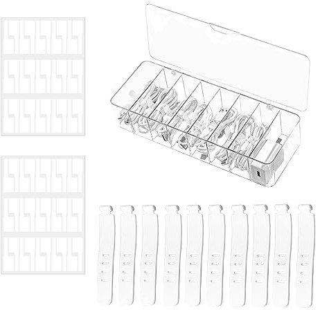 1 scatola per cavi con 10 fascette per cavi, 2 adesivi per etichette, scatola per la gestione dei cavi, scatola trasparente per la conservazione dei cavi, adatta per la conservazione del desktop, per