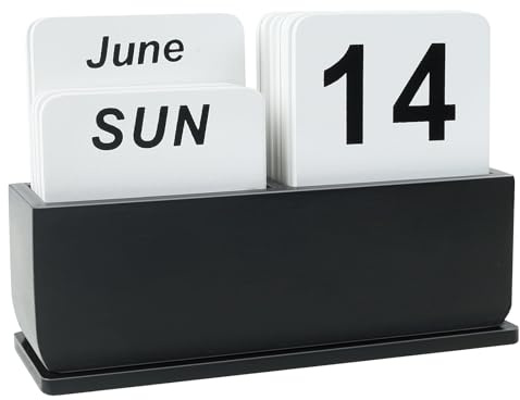 DEERINE Wooden Block Perpetual Calendar for Desk, Daily Desktop Standing Flip Calendar with Large Display, Modern Farmhouse Aesthetic Desk Accessories for Home Office Decor, Reusable Yearly, Black
