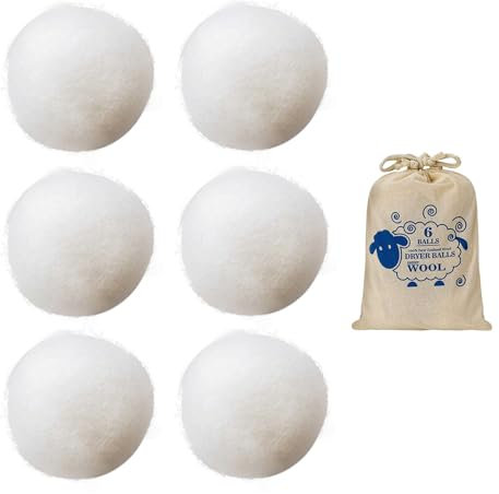 6 Pieces of Wool Dryer Balls, 1 Piece of Cotton Bag, Ecological Drying Balls, Sustainable Use Drying Balls, Felt Balls, Clothes are Fluffy and Soft, Suitable for Tumble Dryers (White)