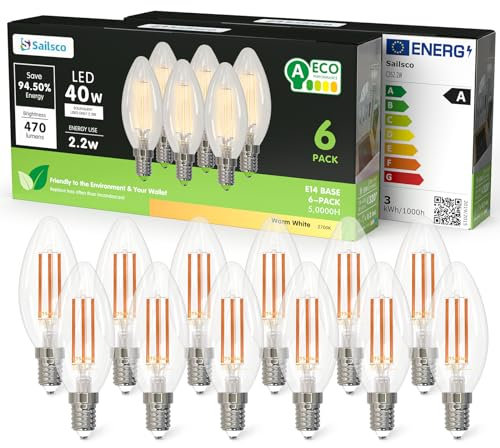 sailsco Klasse A E14 LED Warmweiss Lampe,2.2W 2700K 470 Lumen Warmweiß Lampen,C37 Vintage Kerze Energiesparlampe 40W Glühbirne Ersetzt,Nicht Dimmbar Leuchtmittel,Glas,12 Stück