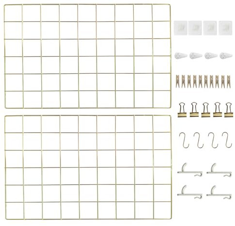 CIKLCIX Metal Grid Wall Panel, Wire Grid Photo Display Organizer, 17.3×11.8 Gold Wire Board Grid Wall, Grid Picture Frame, 2-Pack Wire Mesh Memo Board with Clips and Hooks
