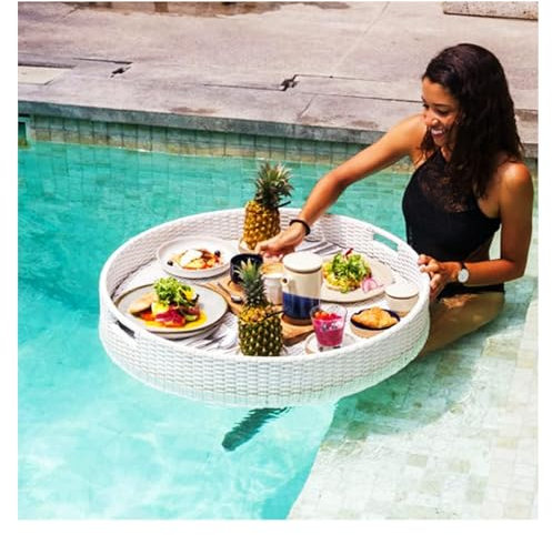 Floating Tray Schwimmen Pool Schwimmende Tablett-Tisch, Tisch Und Bar Rattan Gewebt Floating Pool Tablett Schwimmende Frühstück-Fach(Weiß)
