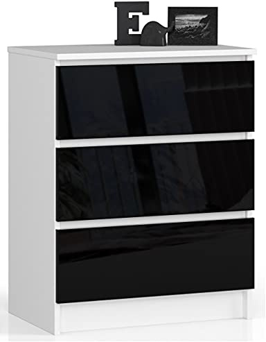 Home Collective Kommode in schwarz Hochglanz mit 3 geräumigen Schubladen, 60 cm breit, 77 cm hoch Kommode Schlafzimmer Flur Wohnzimmer Organizer mit Schubladen Holz Highboard Sideboard Schrank