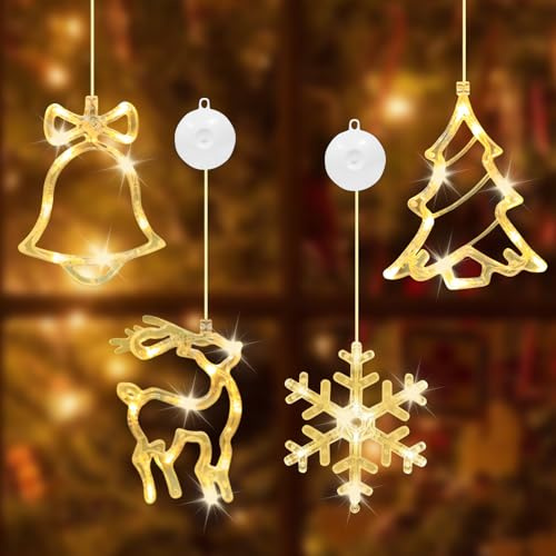 Juego de 4 luces LED de Navidad, ventosa LED, iluminación navideña, ventana, iluminación de ventana, Navidad, decoración navideña led, cadena de luces para decoración de Navidad, balcón, fiesta