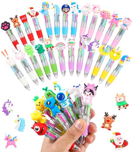 34 PCE Stylos À Bille Kawaii, Stylos de Couleur Animaux pour Enfants, Ensemble Stylo Bille 4 Couleurs, Mini Stylos Fête Gadget Cadeaux Anniversaire Enfants Garçons Filles Apprentissage