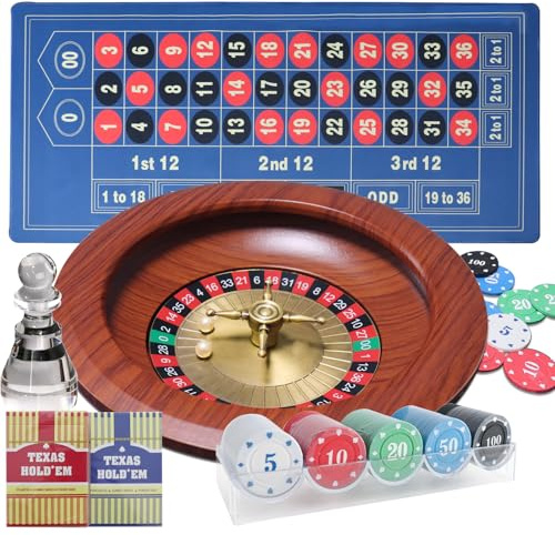 12” Roulette Wheel Set, Table Games with 12” Solid Wood Roulette Wheel, 47” x 24” Felt Mat, 100pcs Poker Chips, 2 Decks of Playing Cards for Casino Game, Gambling Games