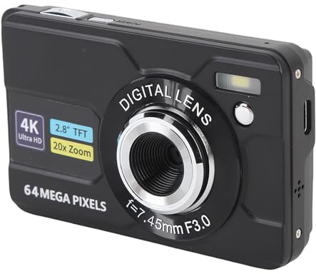 Fotocamera Digitale 4K, Punto Portatile e Fotocamera Portatili AutoFocus da 64 MP, Camma retrò con Zoom Ottico e Schermo a Fogli Mobili 20x, Trasferimento WiFi, per Adolescenti
