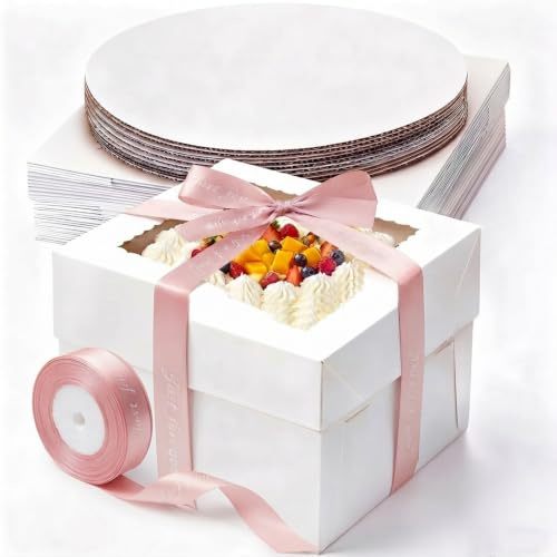 21 Stück Tortenbox Tortenkarton Hoch 30x30x20 cm Hohe Kuchenverpackung Kuchenplatte 10 Boxen + 10 Teller + 1 Rollen Satinband für Torten，Kuchenkarton für Torten, Gebäck,Kuchen-Transportbox,Gebäck