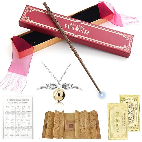 DAJASD Hermione Granger Magic Wand, 38CM USB Rechargeable Light Up Hermione Granger Wand with Snitch Necklace, 5PCS Magic Wizard Wand with Realistic Details for Fans, Costume Accessory Collectables