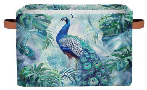 Mexpekil Cajas de almacenamiento para estantes con asa, plegables, cestas de almacenamiento de pavo real, hojas de palma, cestas de tela, organizador de almacenamiento de juguetes para el hogar