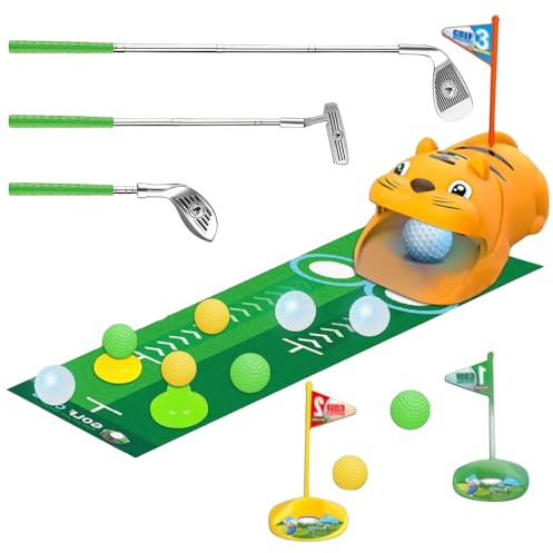 DAJASD Kids Toy Golf Set, Kids Golf Clubs Set with Dinosaur Automatic Ball Returner, 4 Led Light Up Night Golf Balls, Putting Mat, 3 Clubs, 2 Practice Holes, Kids Golf Garden Games for Boys Girls