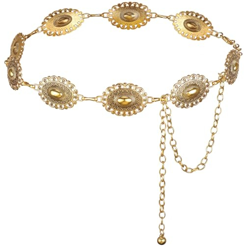 DRESHOW Western Ceinture en Metal avec Concho pour Femmes Ceinture Chaine Femme Chaîne de Taille Vintage Ajustable en Dorée pour Filles pour Robes Jeans Concerts Country