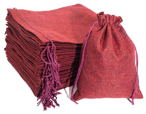YUNSHANGHE 24 stycken jutesäckar, små presentpåsar 15 x 20 cm, jutepåse tygpåse, smyckespåse med dragsko, linnepåsar för smycken bröllopspresenter jul (vinröd)