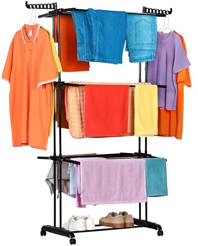 NK Stendino Verticale Salvaspazioa 4 Livelli - 6 Ripiani Retrattili + 2 Ali Laterali con Supporto per Grucce + Scarpiera, Ruote a 360°, Colore Nero (19m di Biancheria)