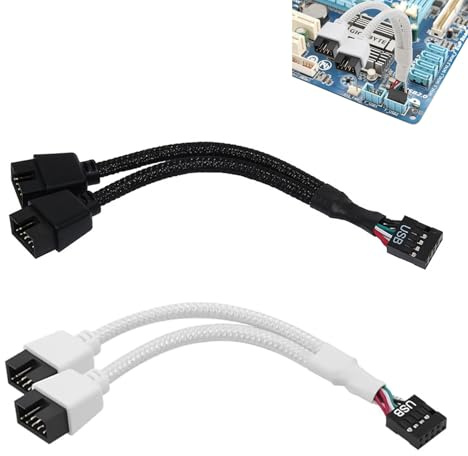 2 Pcs USB Header Splitter, Dual USB 2.0 Motherboard 9Pin Female to Male Extension Cable, Nylon Braided usb Header Splitter for Computer Motherboard, Adapter for PC Fans Data Transmission White & Black