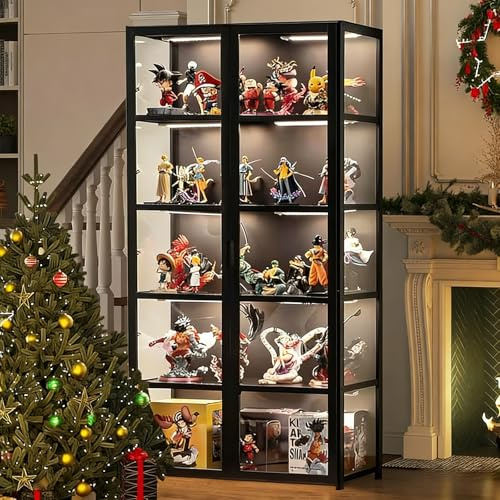Scribora Standvitrine mit Acrylglas, 5 Böden Glas Vitrinenschrank, Dreiseitiger Transparenter Geschirrschrank, Bücherschrank mit Türen, für Wohnzimmer,Schlafzimmer,Büro (Schwarz doppelt offen)
