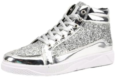 Skor herr glitter guld, paljetter sneakers herr sneakers hög topp fritidsskor glänsande promenadskor med tjock sula paljettskor karneval skateboardskor mode herrstövlar, silver, 45 EU